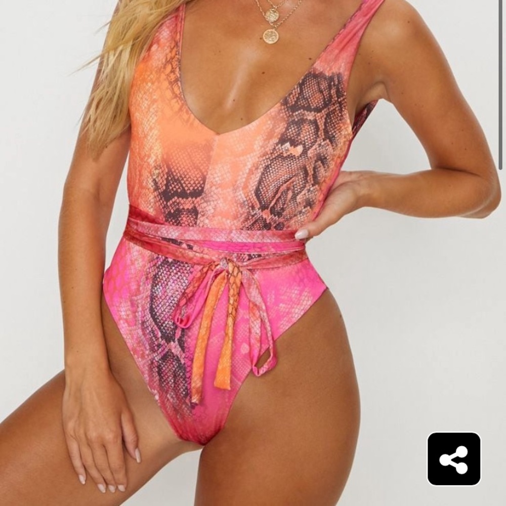 PrettyLittleThing Pink Reptile Tie Waist Swimsuit